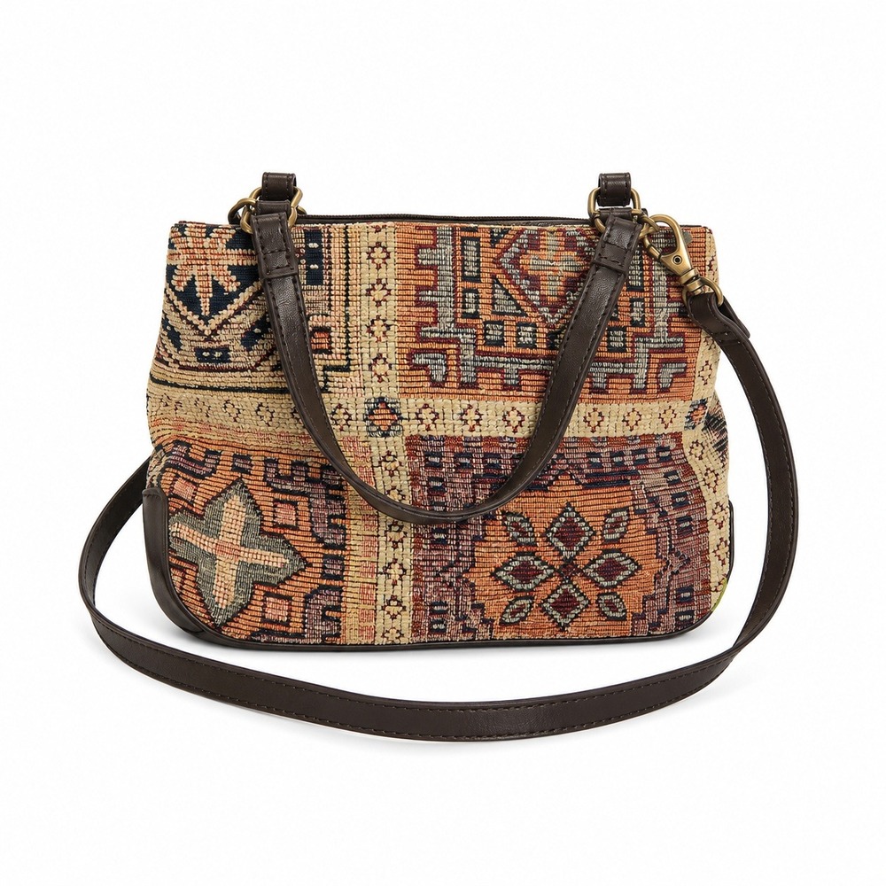 Woven Tapestry Crossbody Handbag Persian Rug Pattern Brown Faux Leather Trim